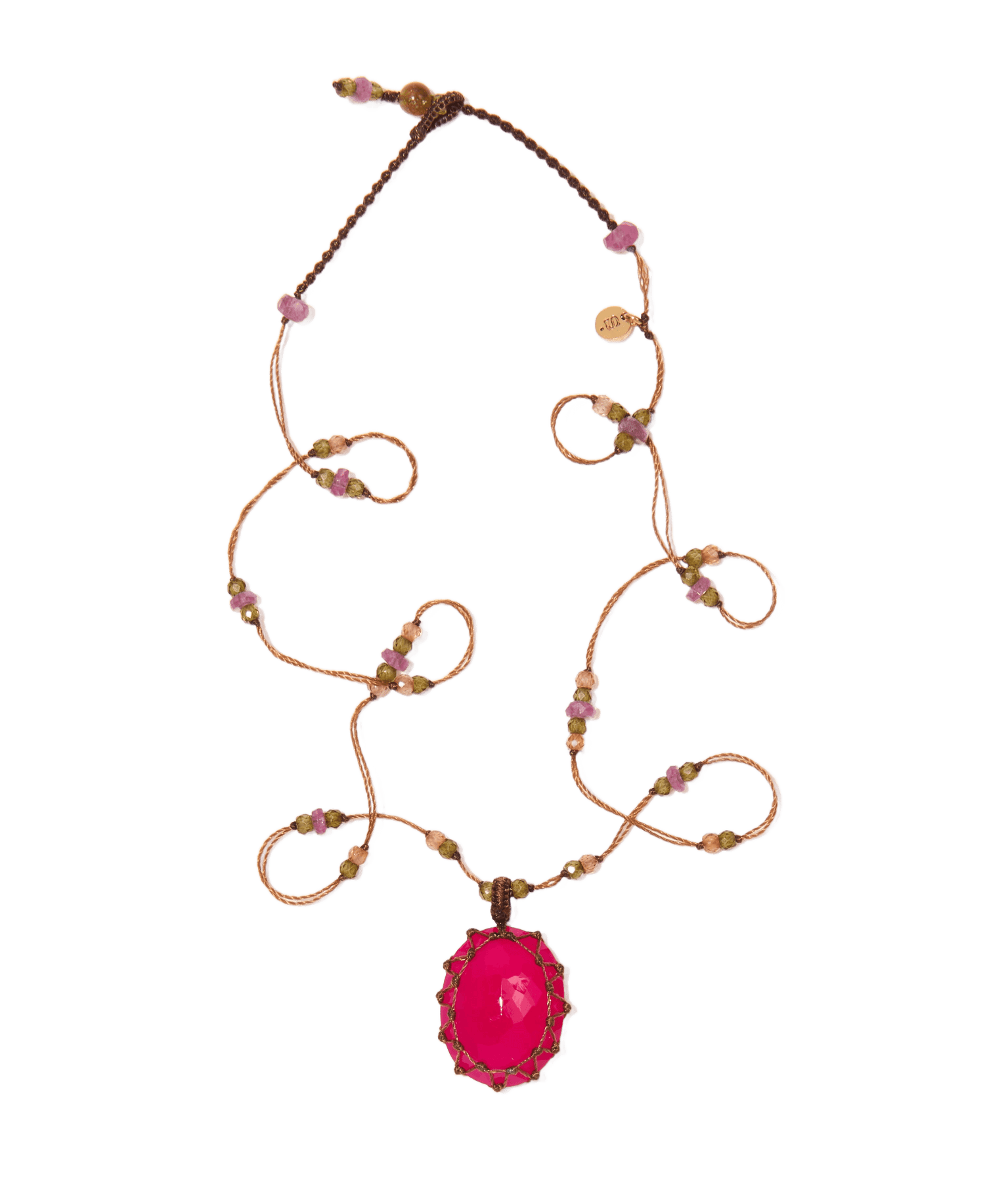 Collier Court Tibétain - Rubellite Rose - Mix Tourmaline Rose - Fil Tabac