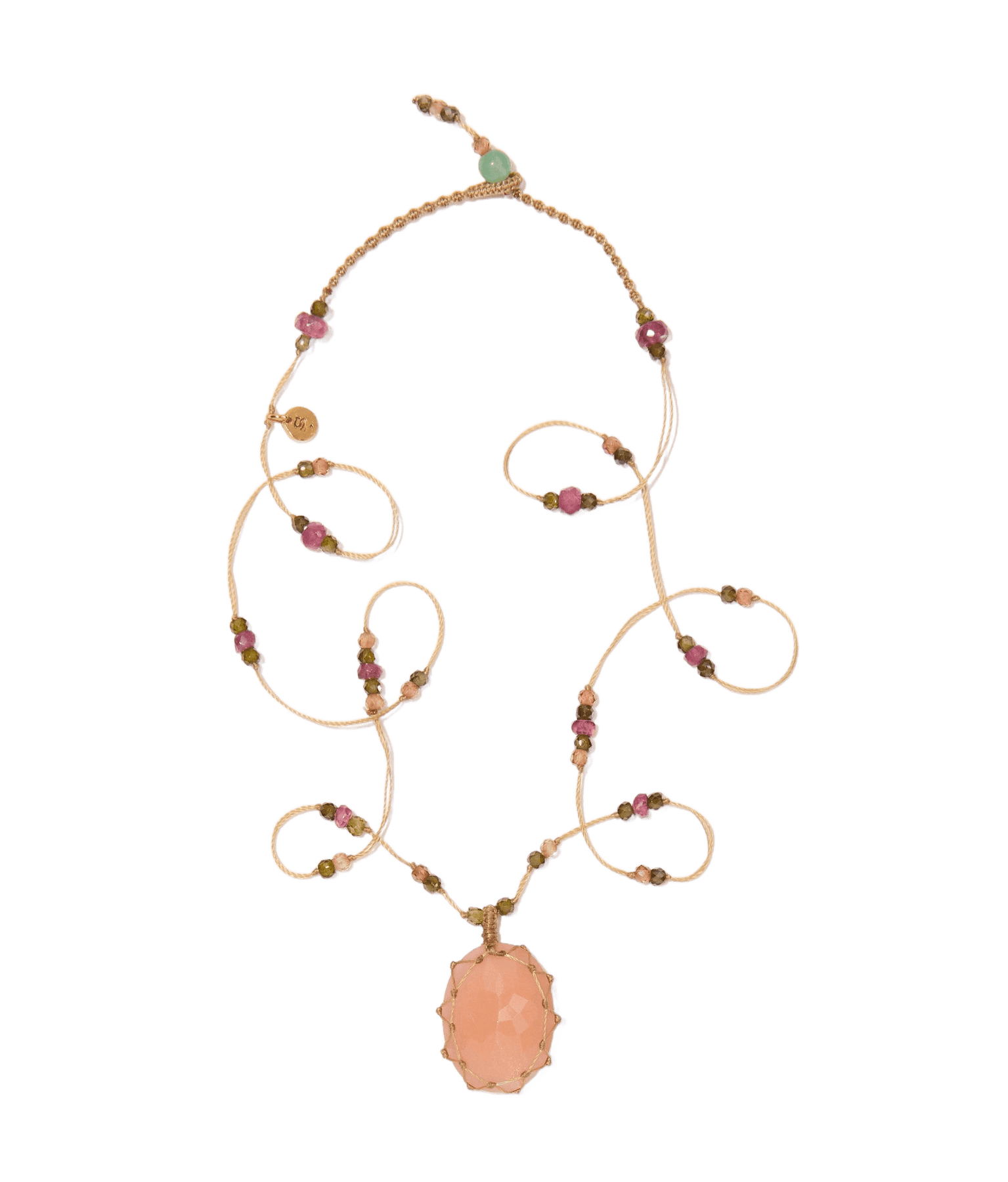 Collier Court Tibétain - Peach Moon Stone - Mix Tourmaline - Fil Beige