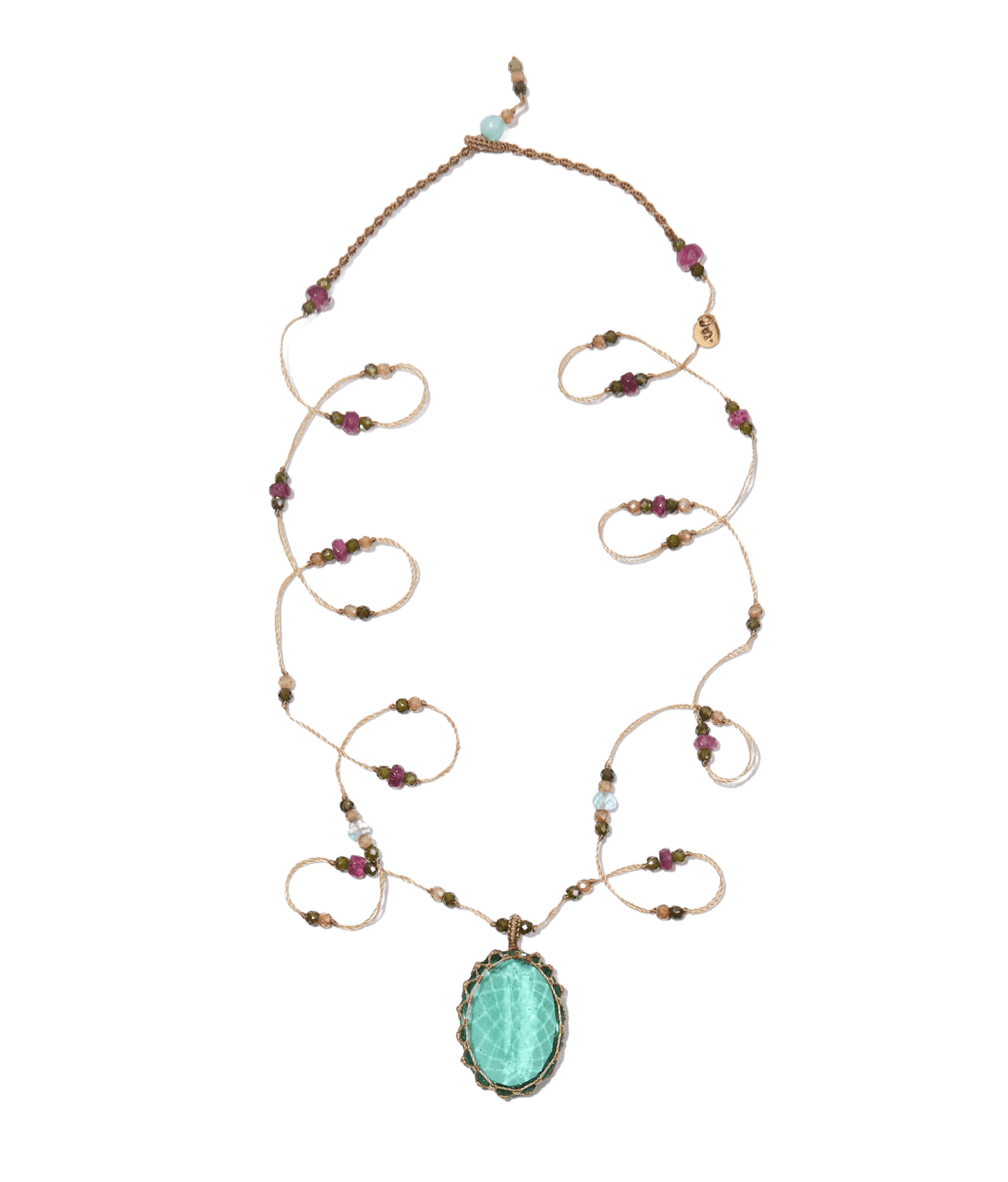 Sautoir Tibétain - Ancian Roman Glass - Mix Aigue-Marine & Tourmaline - Fil Beige