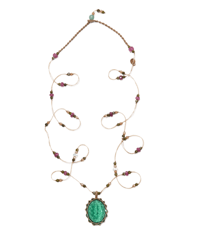 Sautoir Tibétain - Ancient Roman Glass - Mix Aigue-Marine & Tourmaline - Fil Beige