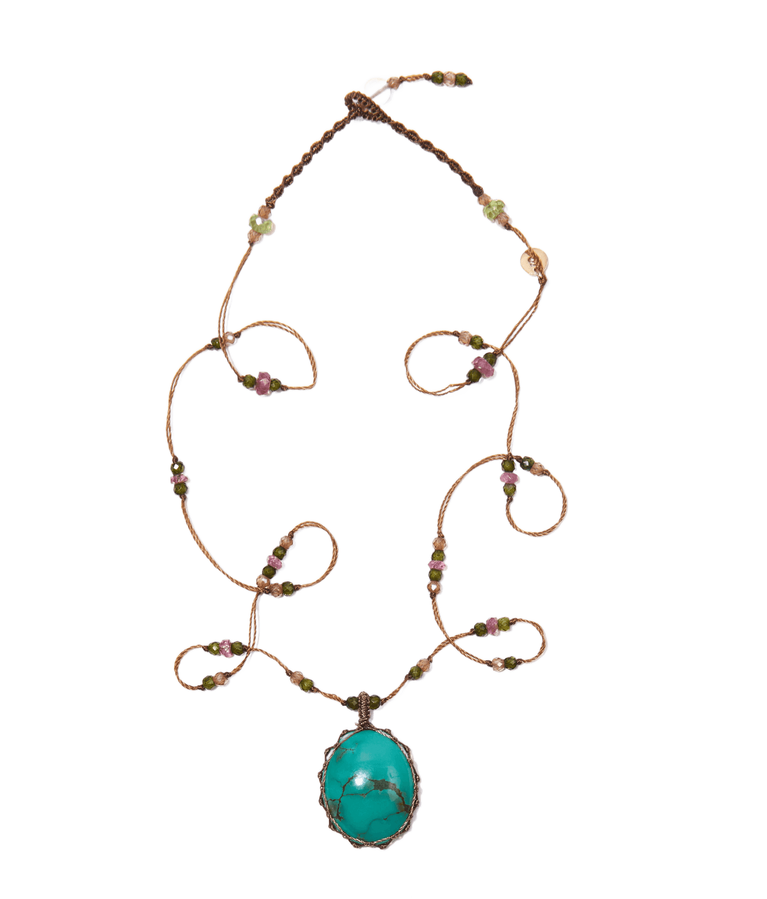 Collier Court Tibétain - Turquoise - Mix Tourmaline Rose - Fil Tabac