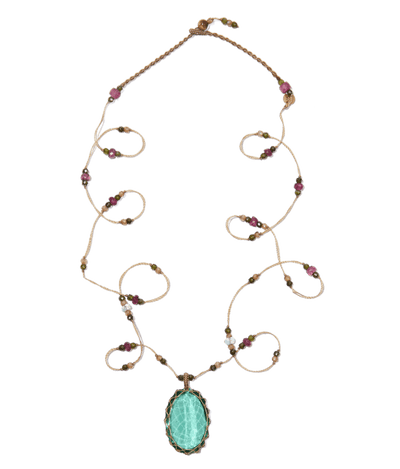 Sautoir Tibétain - Ancient Roman Glass - Mix Aigue-Marine & Tourmaline - Fil Beige