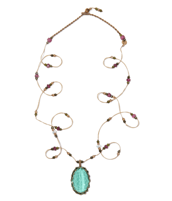 Sautoir Tibétain - Ancient Roman Glass - Mix Aigue-Marine & Tourmaline - Fil Beige