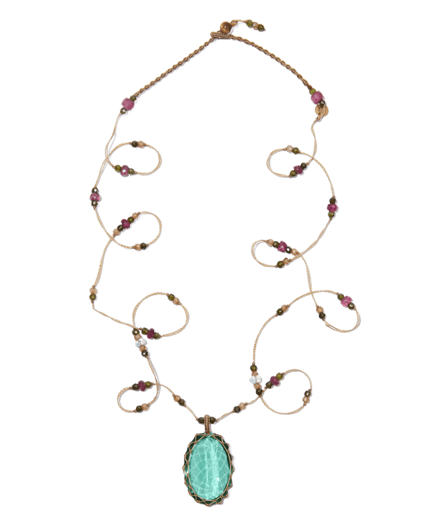 Sautoir Tibétain - Ancian Roman Glass - Mix Aigue-Marine & Tourmaline - Fil Beige