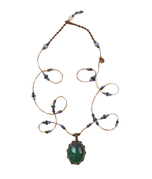 Short Tibetan Necklace - Ruby Zoïsite - Tsavorite & Purple Mix - Tobacco Thread