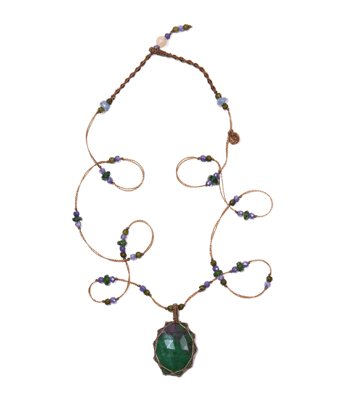 Collana corta tibetana - Zoisite rubino - Tsavorite mista - Filo di tabac