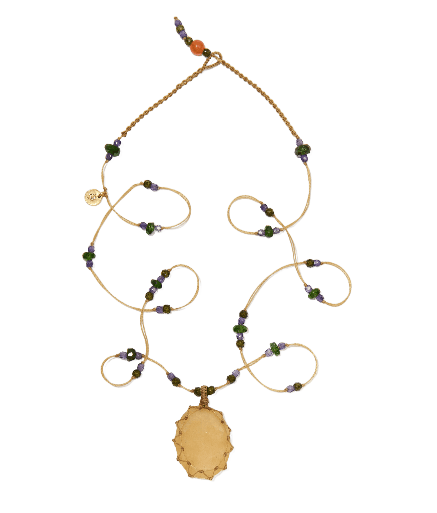 Collier Court Tibétain - Strawberry Quartz Orange - Mix Tsavorite & Purple - Fil Beige