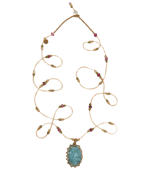 Sautoir Tibétain - Kyanite Teal Bleue - Mix Tourmaline - Fil Beige