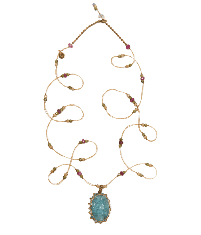 Collana corta tibetana così preziosa - Cianite - Mix di Tormalina Rosa - Filo Beige
