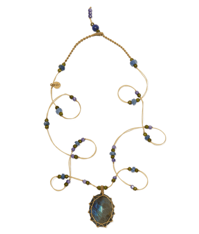 Collier Court Tibétain - Labradorite - Mix Saphir - Fil Beige