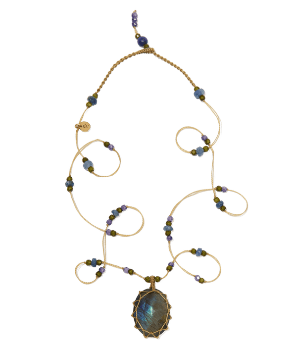 Collier Court Tibétain - Labradorite - Mix Saphir - Fil Beige
