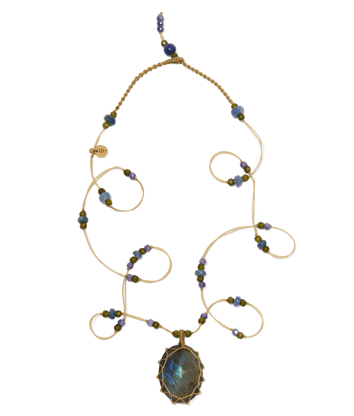 Collier Court Tibétain - Labradorite - Mix Saphir - Fil Beige