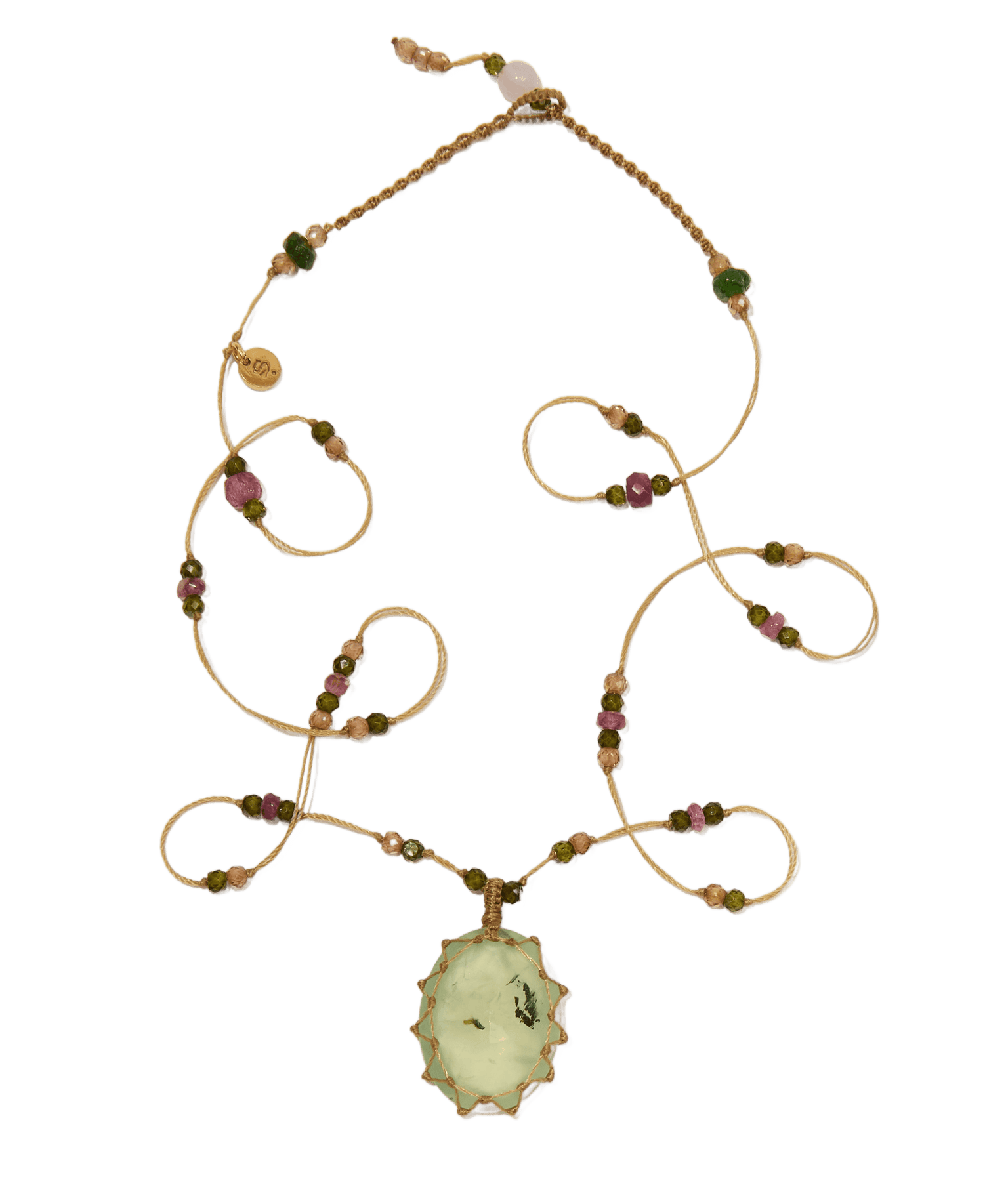 Short Tibetan Necklace - Prehnite Rutile - Mixed Tourmaline - Beige Thread