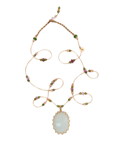 Short Tibetan Necklace - Blue Corundum - Mixed Tourmaline - Beige Thread