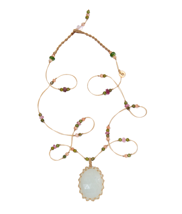 Collier Court Tibétain - Corundum - Mix Tourmaline - Fil Beige