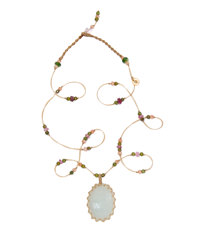 Collier Court Tibétain - Corundum - Mix Tourmaline - Fil Beige