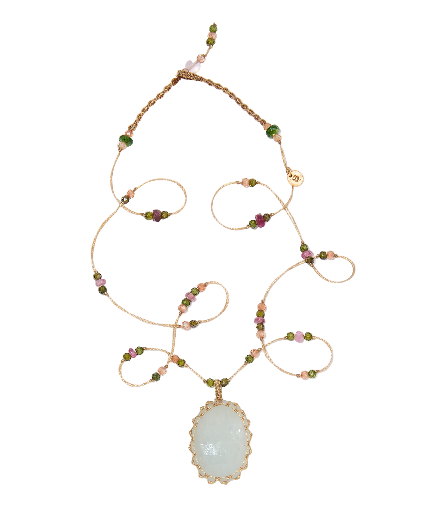 Short Tibetan Necklace - Blue Corundum - Mixed Tourmaline - Beige Thread