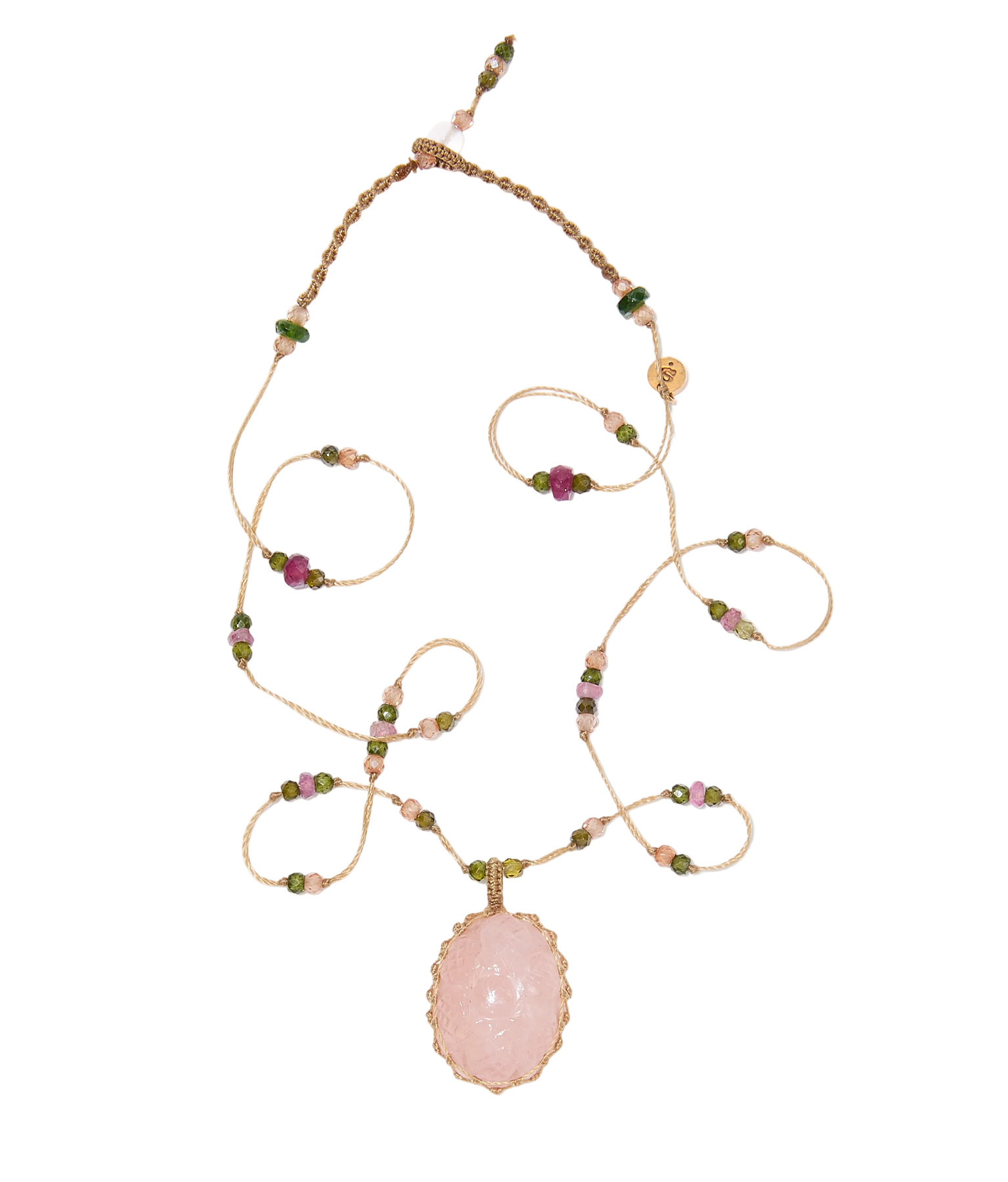 Collier Court Tibétain - Morganite Sculptée - Mix Tourmaline - Fil Beige