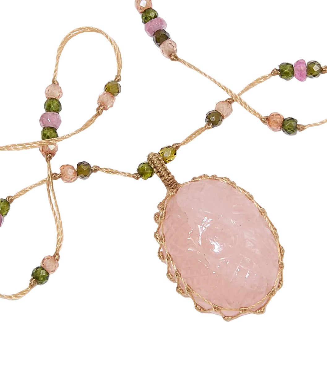 Collier Court Tibétain - Morganite Sculptée - Mix Tourmaline - Fil Beige