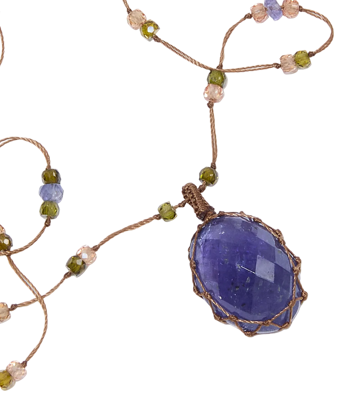 Tibetan Necklace - Tanzanite - Sapphire Mix - Beige Thread