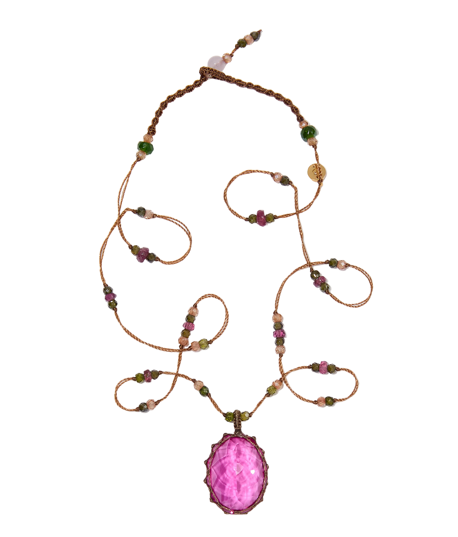 Long Tibetan Necklace - Pink Indian Glass - Rose Tourmaline Mix - Beige Thread