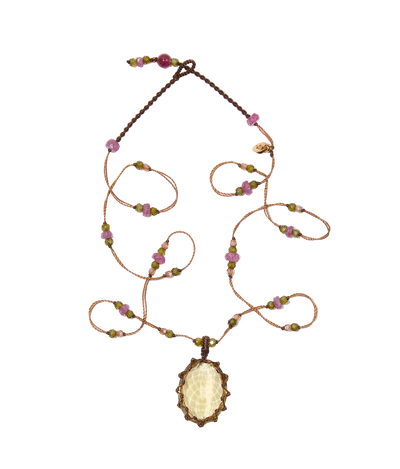 Collana Lunga Tibetano - Topazio Limone - Mix Tormalina Rosa - Filo Tabacco