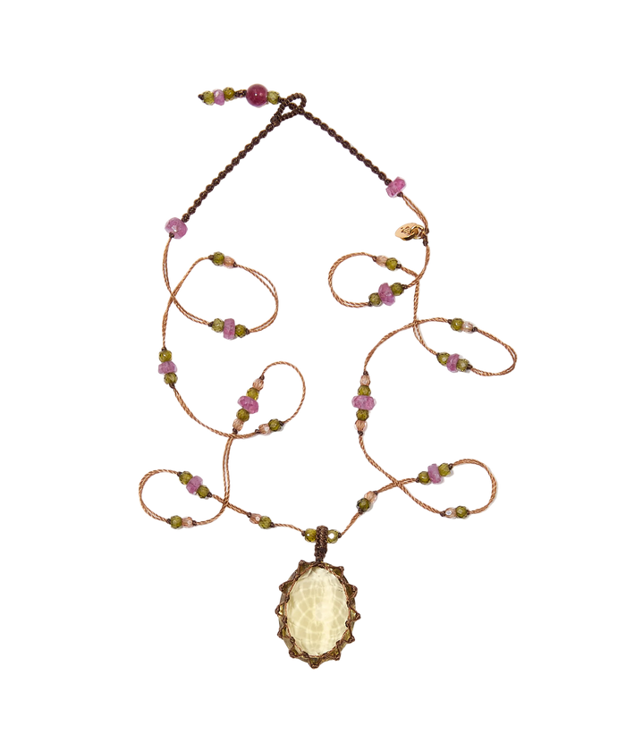Collier Court Tibétain - Lemon Topaze - Mix Tourmaline Rose - Fil Tabac