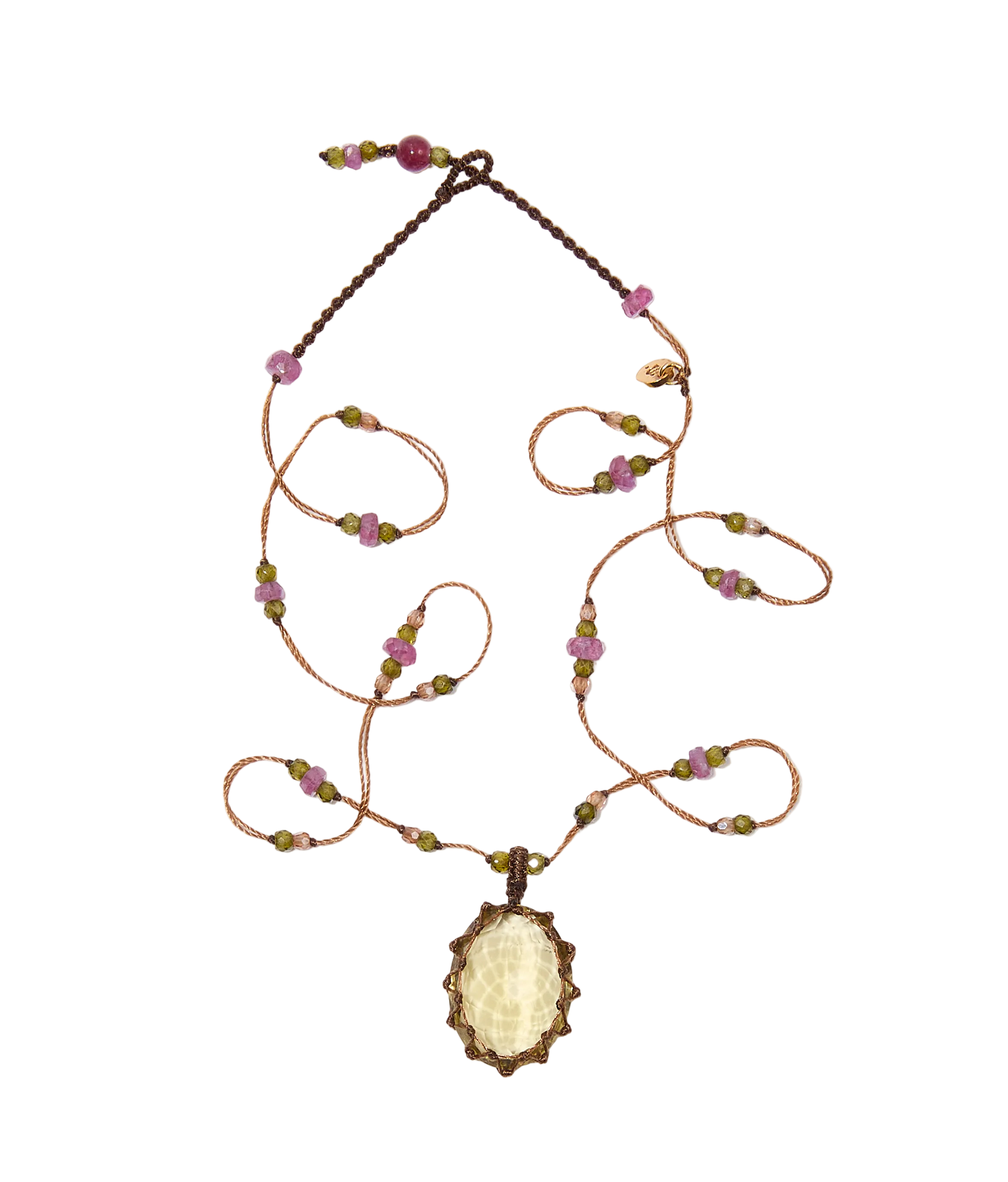 Collana Lunga Tibetano - Topazio Limone - Mix Tormalina Rosa - Filo Tabacco