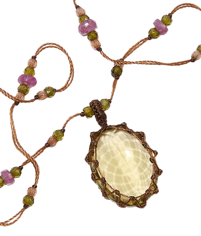 Collier Court Tibétain - Lemon Topaze - Mix Tourmaline Rose - Fil Tabac