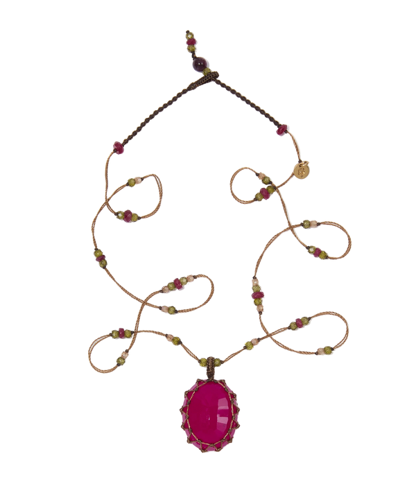 Collier Court Tibétain - Rubellite - Mix Tourmaline Rose - Fil Tabac