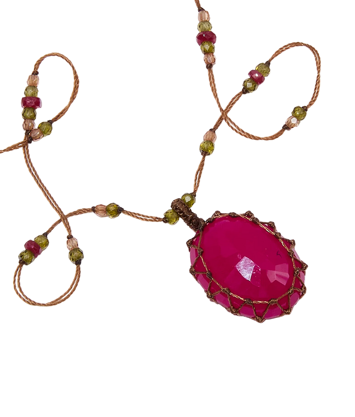 Collier Court Tibétain - Rubellite - Mix Tourmaline Rose - Fil Tabac