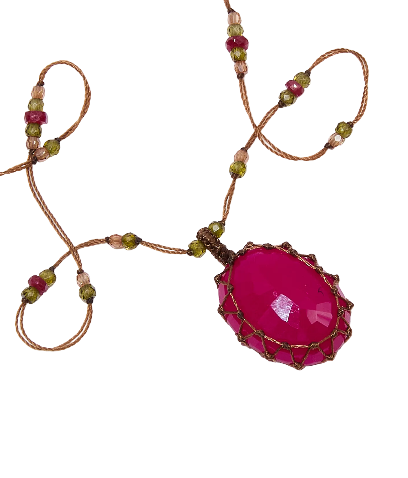 Collier Court Tibétain - Rubellite - Mix Tourmaline Rose - Fil Tabac