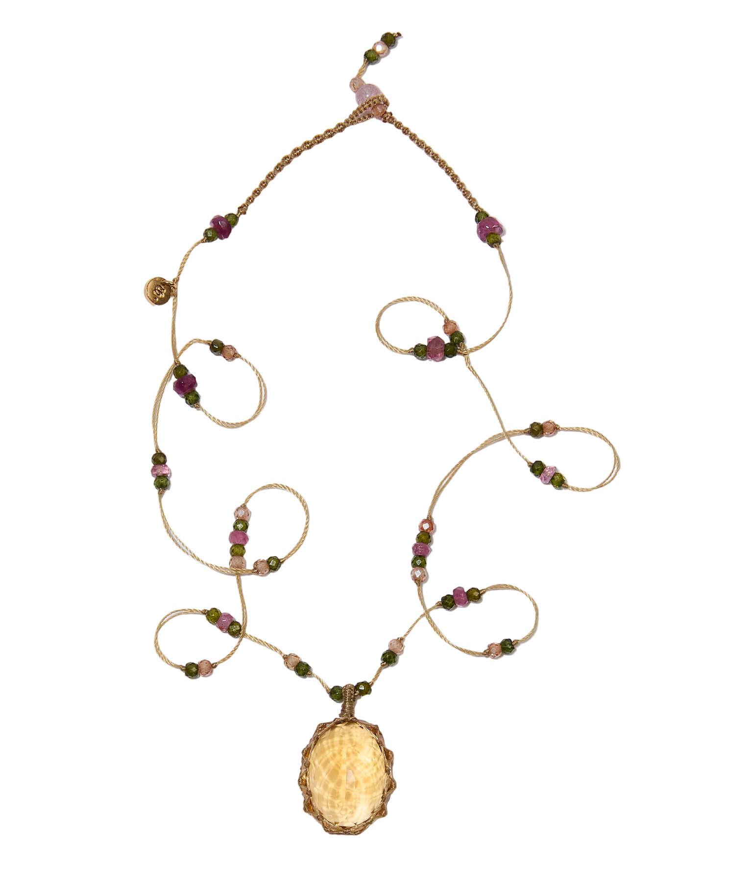 Collier court Tibétain - Citrine - Mix Tourmaline - Fil Beige
