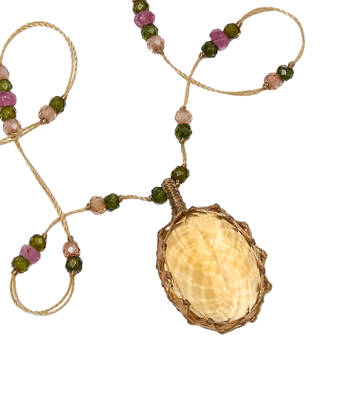 Collier court Tibétain - Citrine - Mix Tourmaline - Fil Beige
