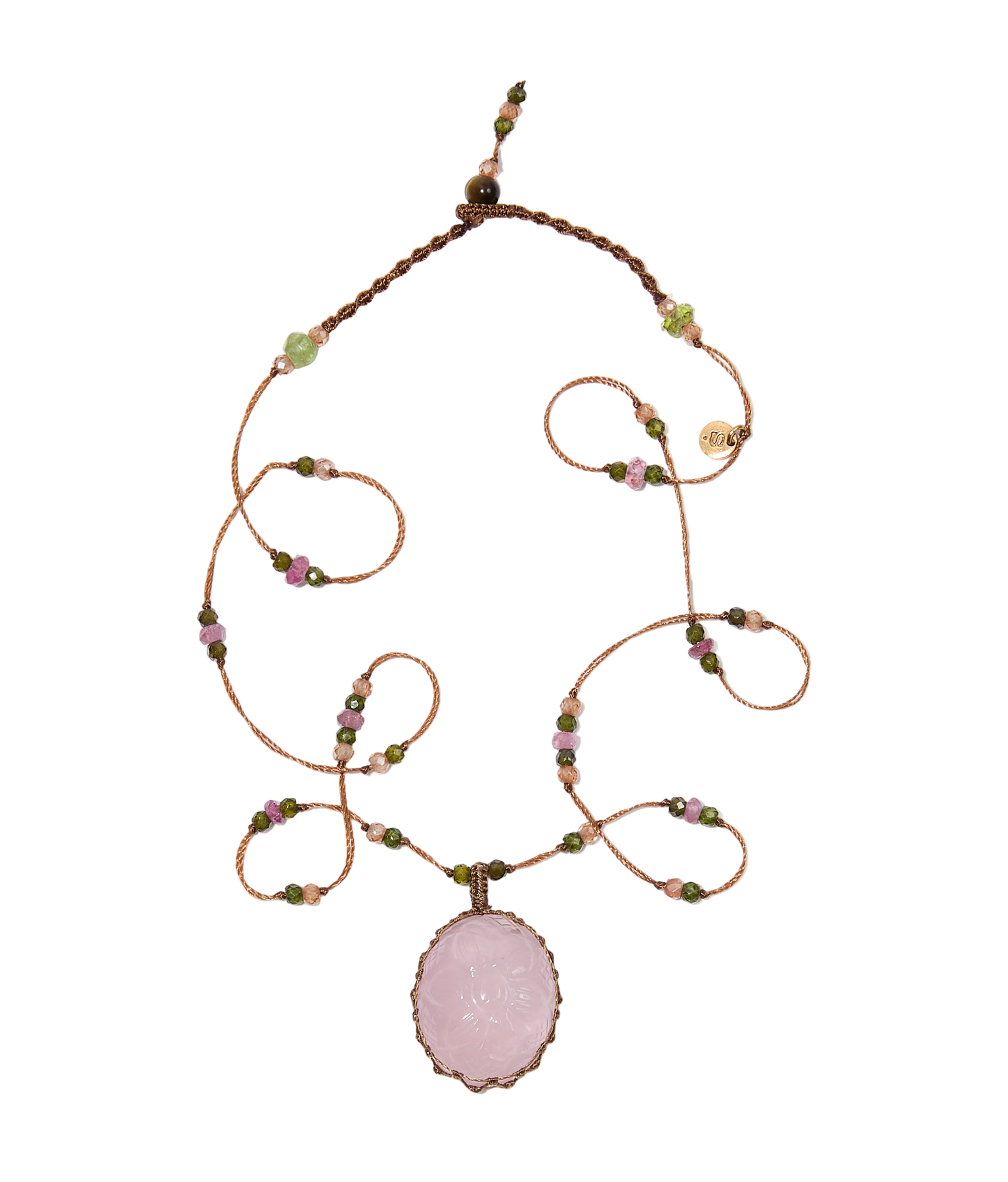 Collier Court Tibétain - Quartz Rose Sculpté - Mix Tourmaline - Fil Tabac