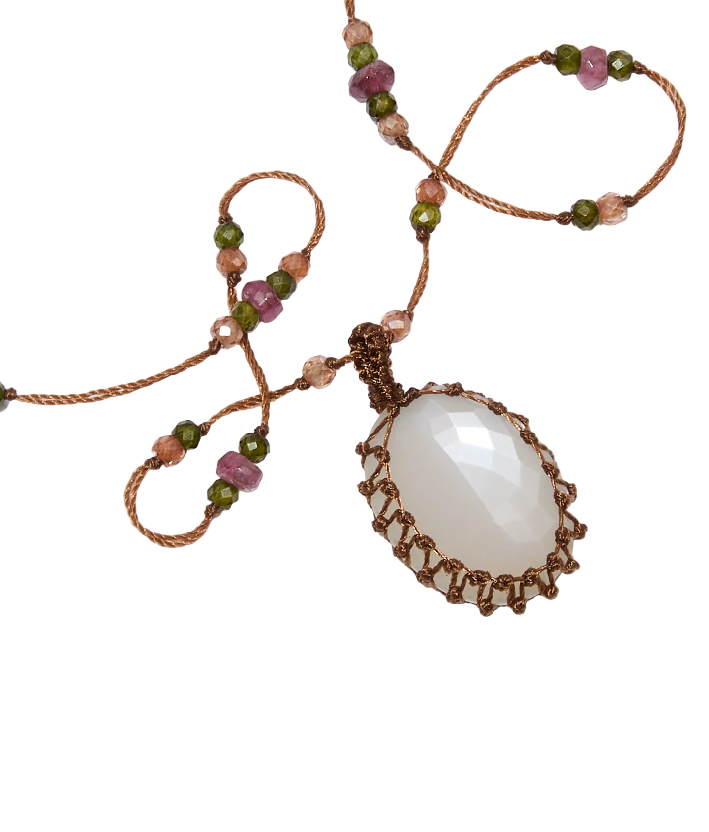 Collier Court Tibétain - Pierre de Lune - Mix Tourmaline - Fil Tabac