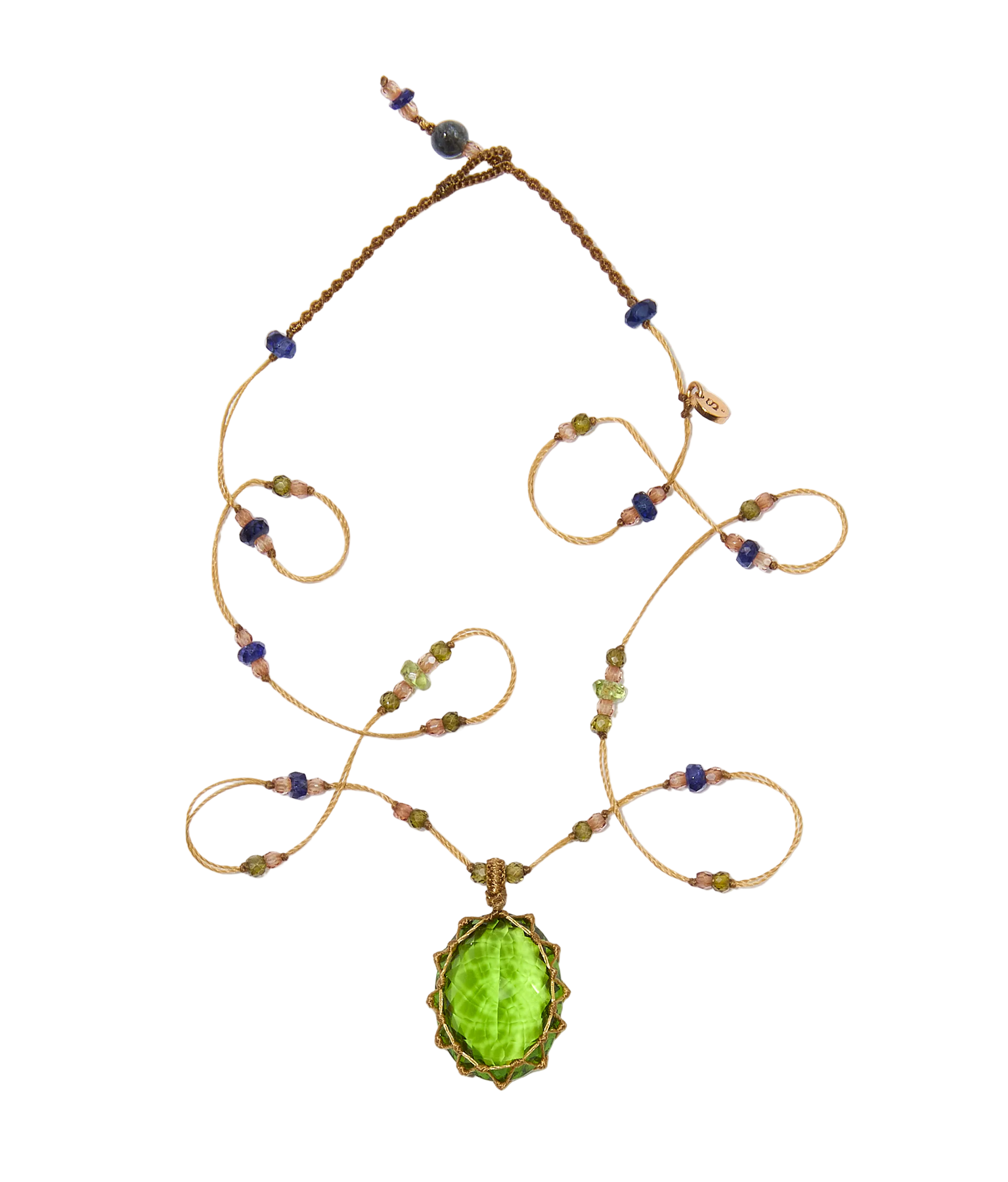 Collier Court Tibétain - Indian Glass Péridot - Mix Saphir - Fil Beige