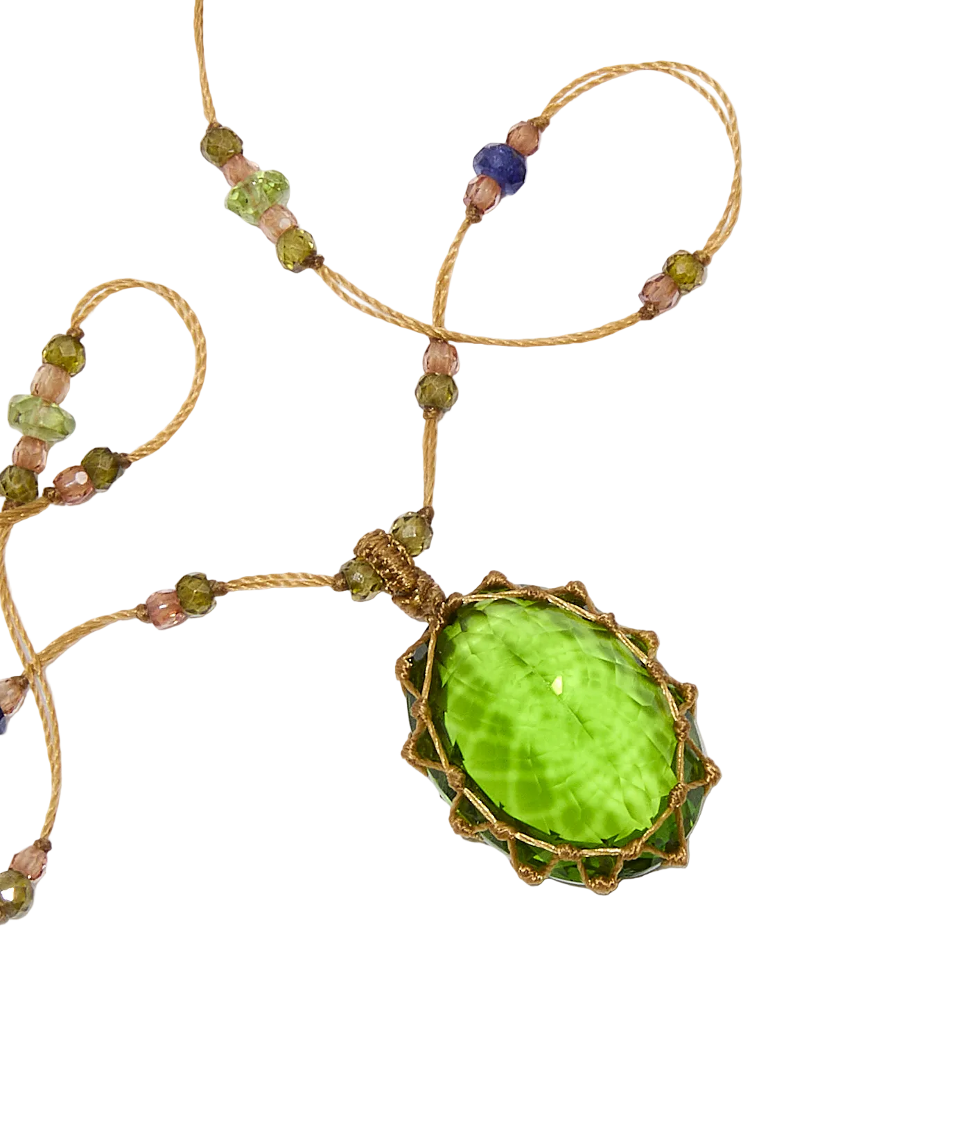 Collier Court Tibétain - Indian Glass Péridot - Mix Saphir - Fil Beige