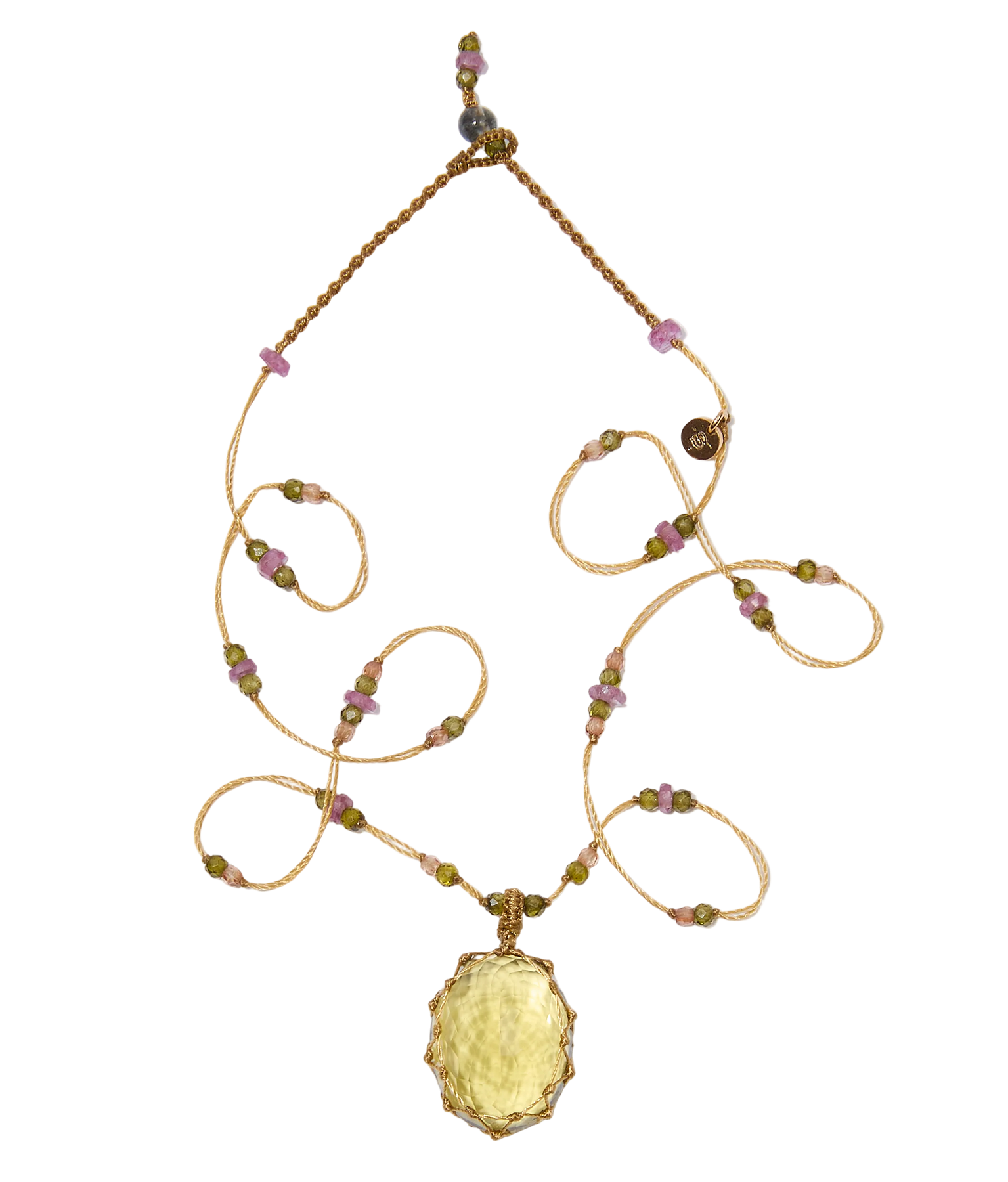 Collana Lunga Tibetano - Topazio Limone - Mix Tormalina Rosa - Filo Tabacco