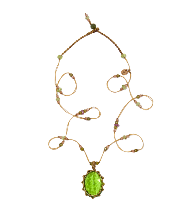 Collier Court Tibétain - Indian Glass Péridot - Mix Tourmaline - Fil Beige