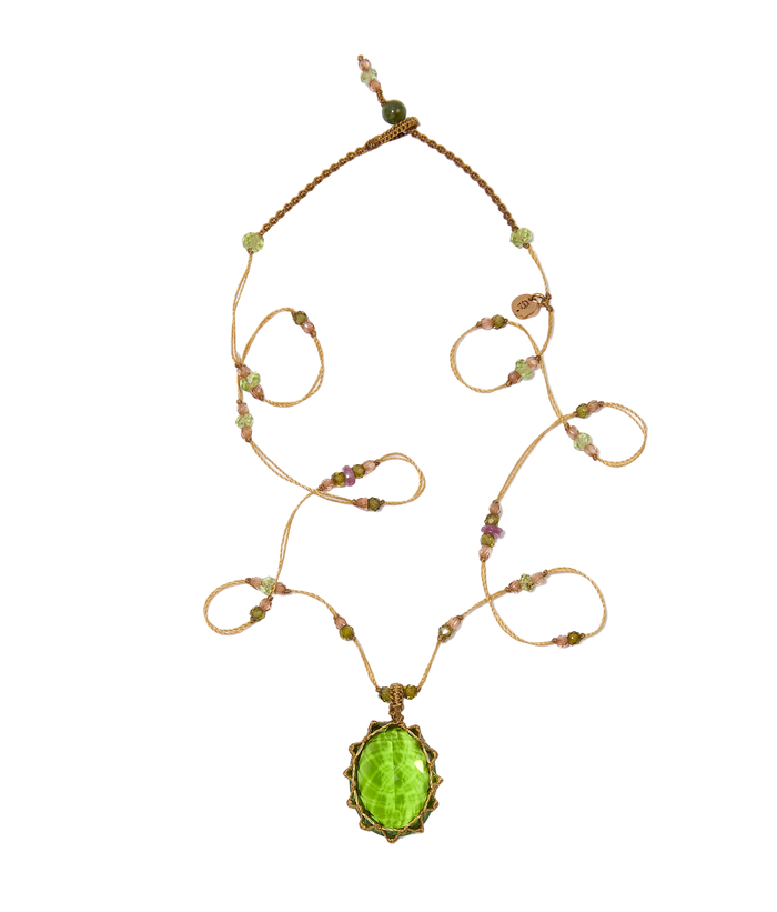 Short Tibetan Necklace - Indian Glass Peridot - Rose Tourmaline Mix - Tobacco Thread