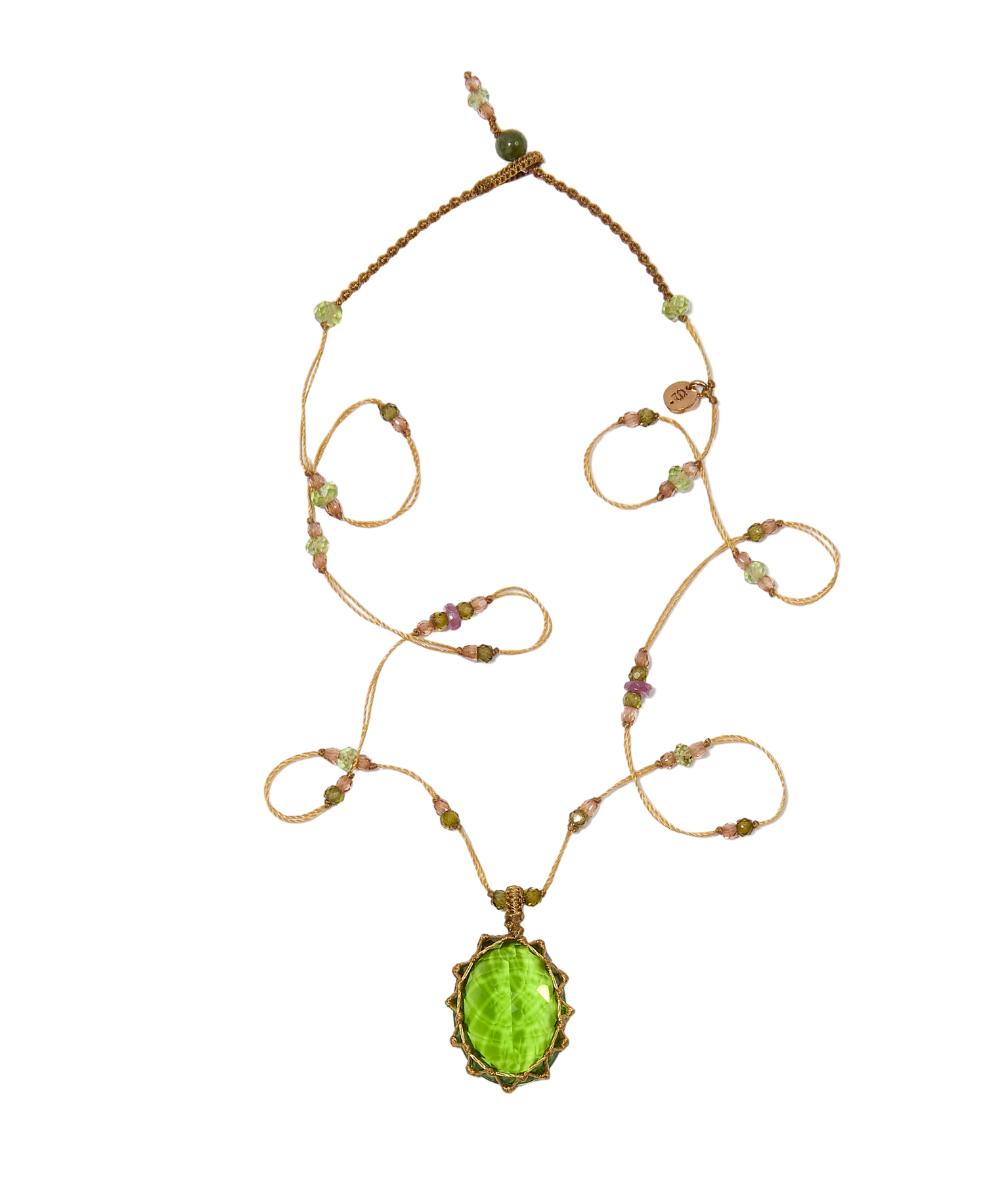 Collier Court Tibétain - Indian Glass Péridot - Mix Tourmaline - Fil Beige