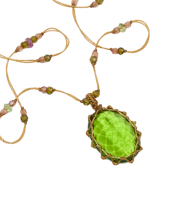 Collier Court Tibétain - Indian Glass Péridot - Mix Tourmaline - Fil Beige