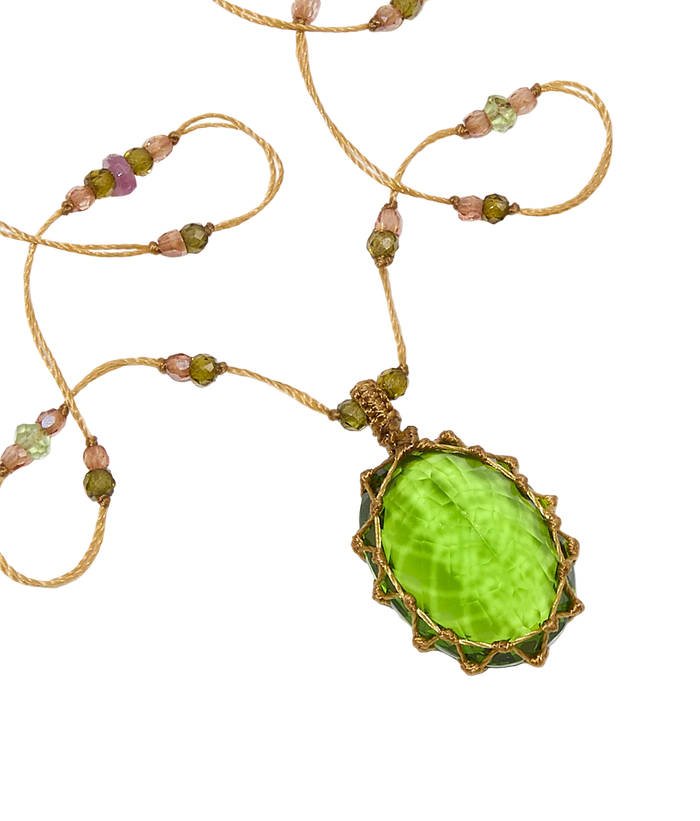 Short Tibetan Necklace - Indian Glass Peridot - Rose Tourmaline Mix - Tobacco Thread