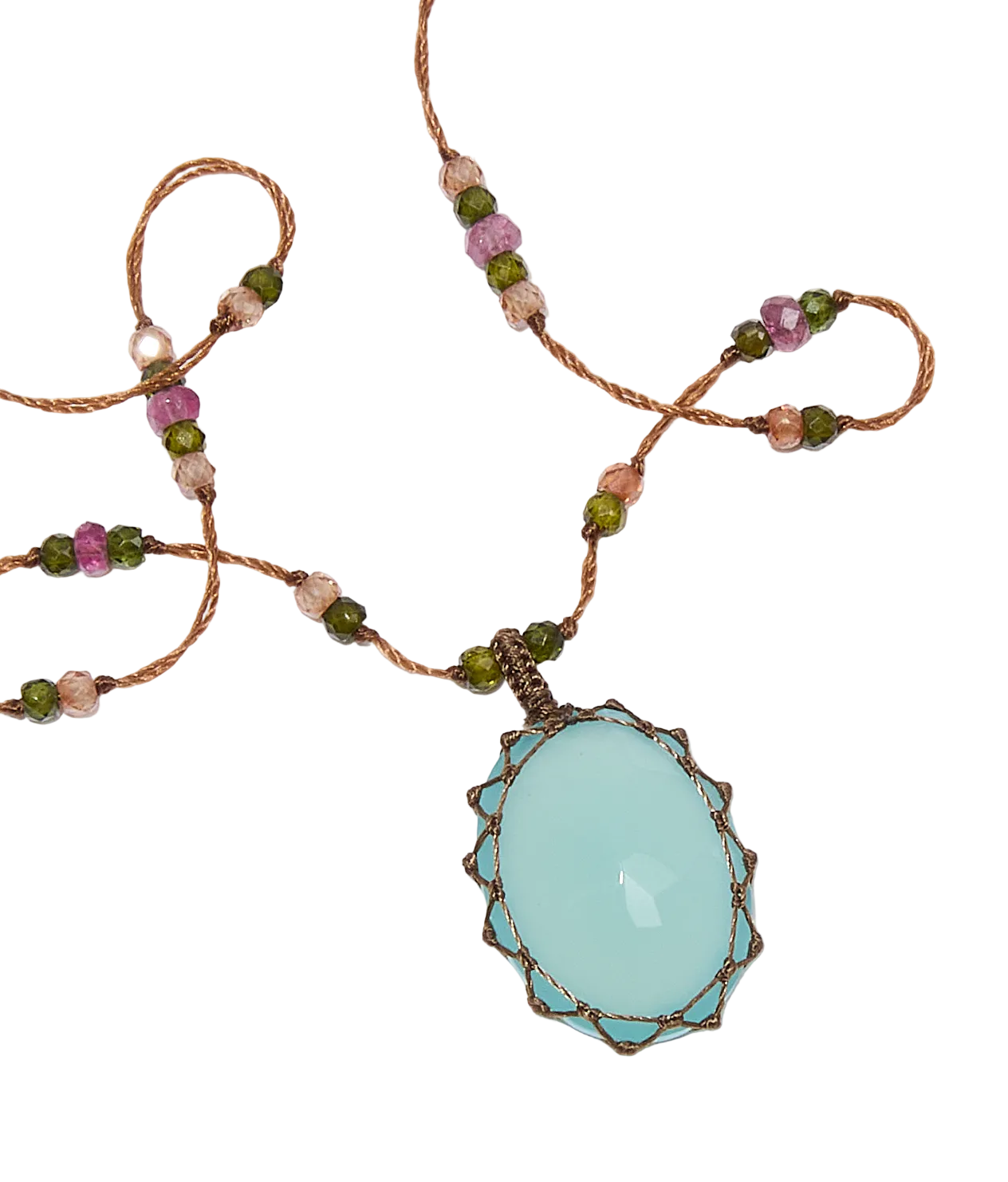 Collier Court Tibétain - Calcédoine Grün - Mix Tourmalin - Tabakfarbenes Band