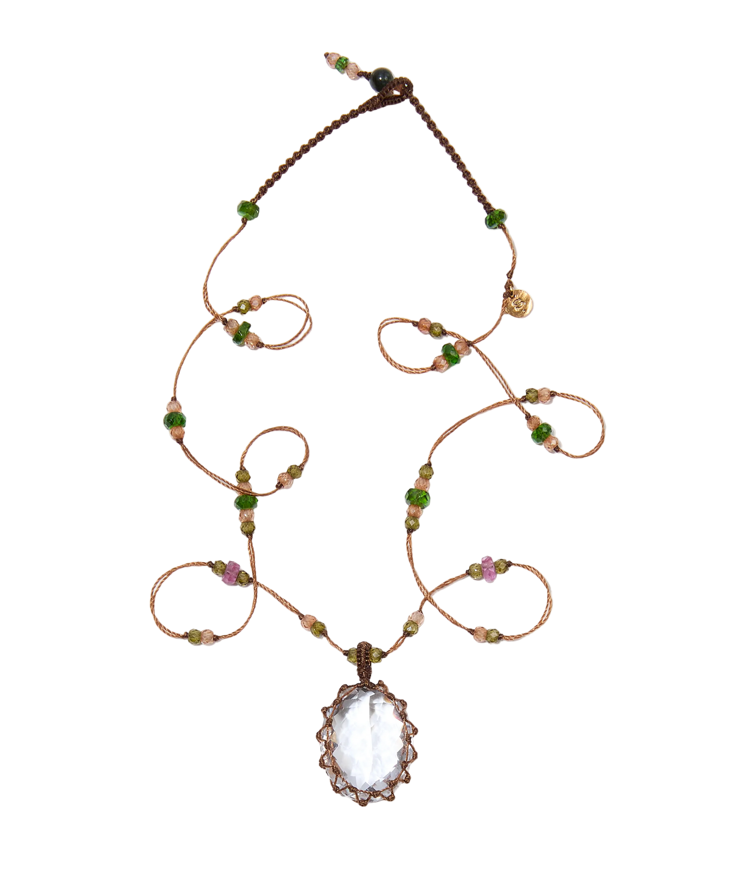 Collier Court Tibétain - Crystal Quartz - Mix Émeraude - Fil Tabac