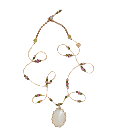Collier Court Tibétain - Pierre de Lune - Mix Tourmaline - Fil Beige