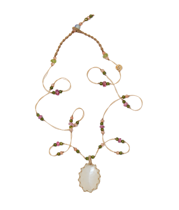 Collier Court Tibétain - Pierre de Lune - Mix Tourmaline - Fil Beige