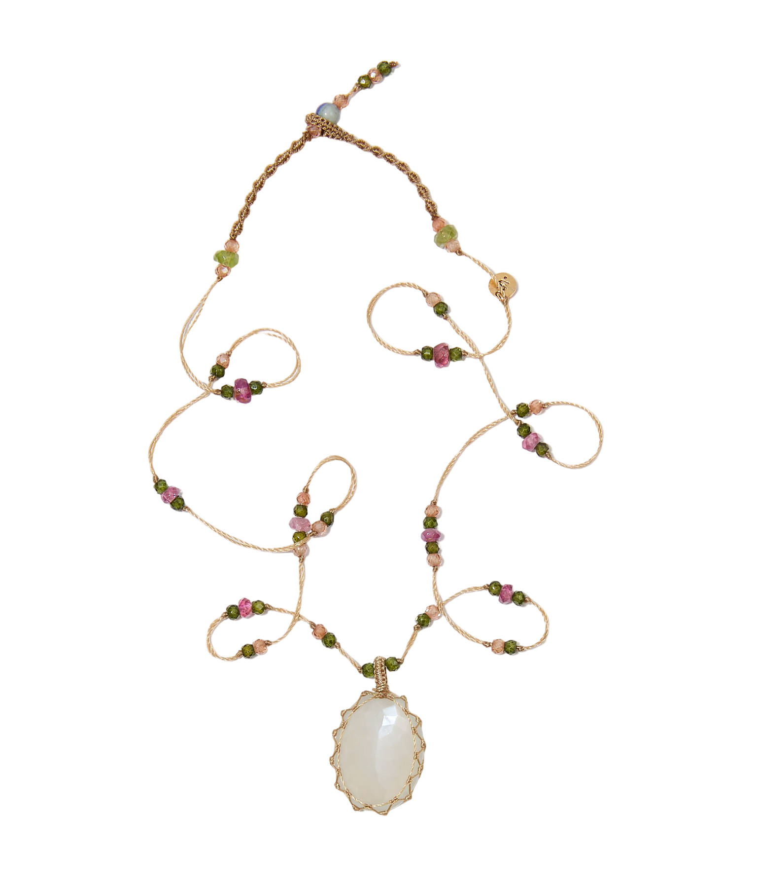 Collier Court Tibétain - Pierre de Lune - Mix Tourmaline - Fil Beige