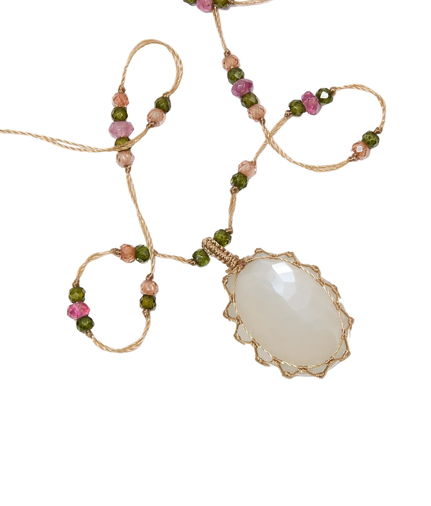Collier Court Tibétain - Pierre de Lune - Mix Tourmaline - Fil Beige